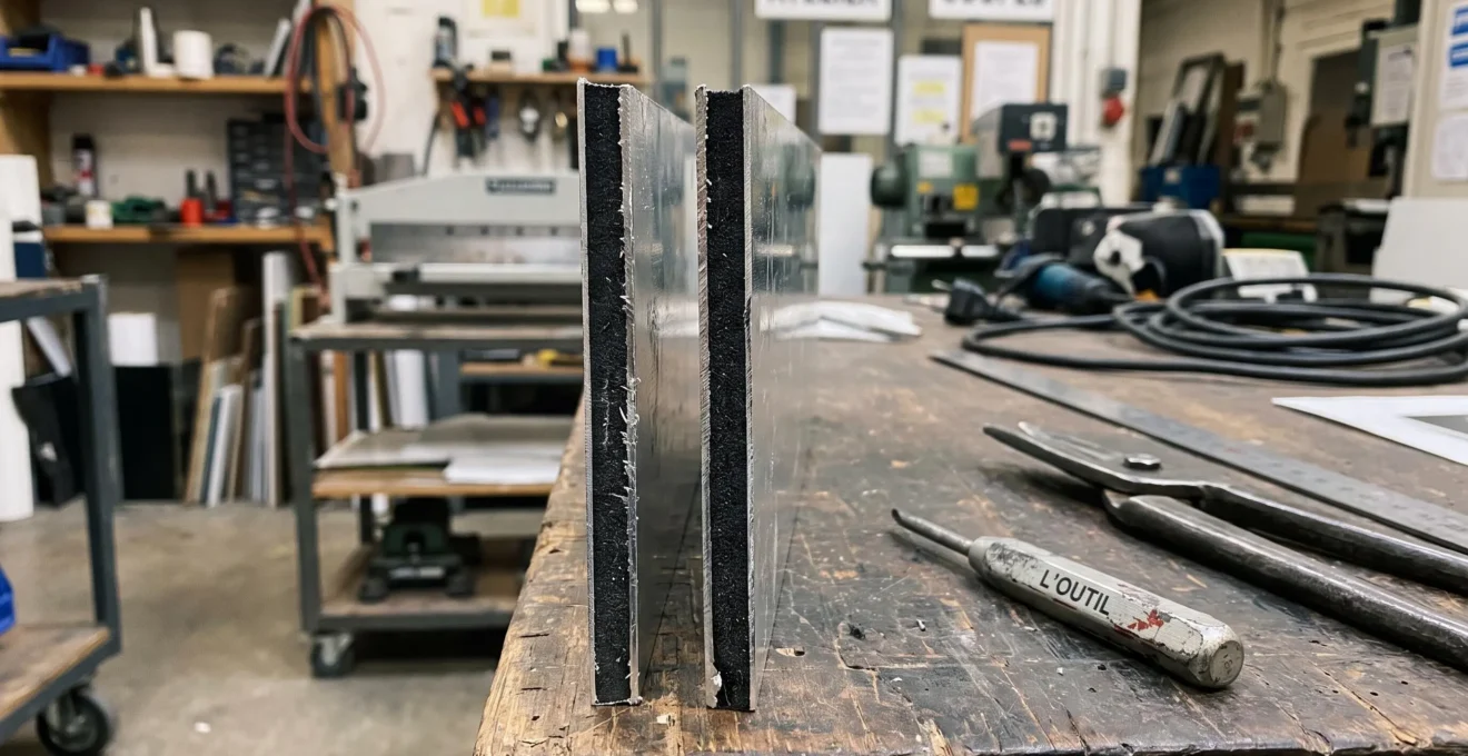 Gros plan sur la tranche d'un panneau dibond montrant la structure sandwich aluminium composite avec cœur polyéthylène noir