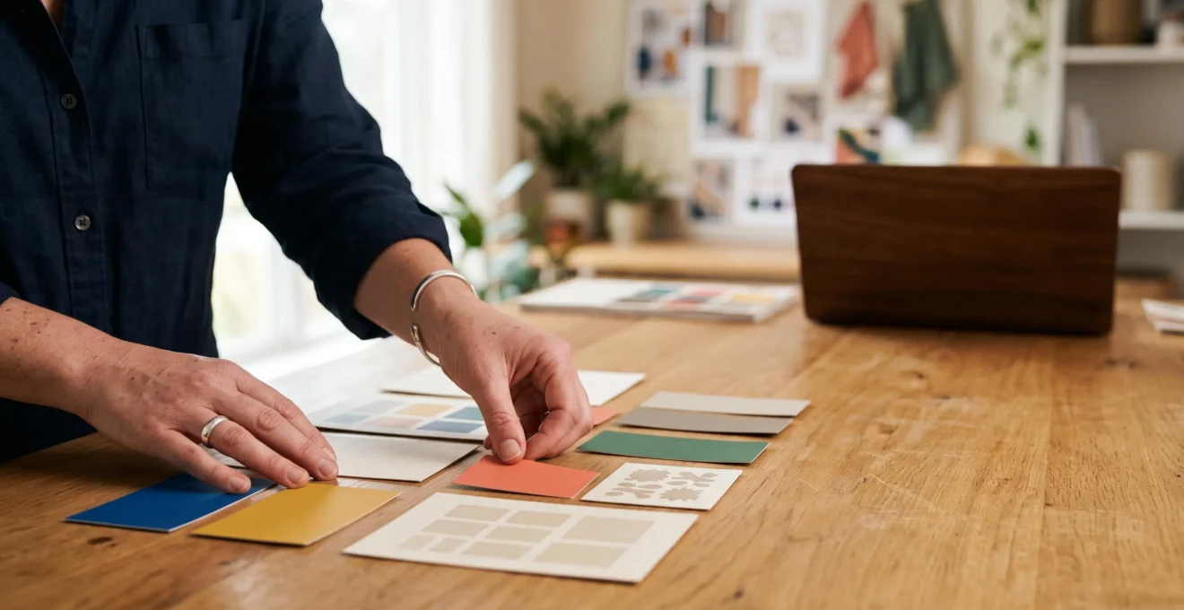 Mains d'un directeur artistique disposant des nuanciers de couleurs et des échantillons de typographie sur une table en bois clair, dans une lumière naturelle douce