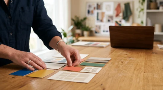 Mains d'un directeur artistique disposant des nuanciers de couleurs et des échantillons de typographie sur une table en bois clair, dans une lumière naturelle douce