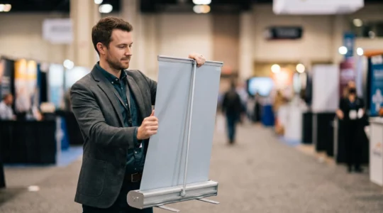Exposant installant rapidement un support de communication mobile type roll-up dans une allée de salon professionnel
