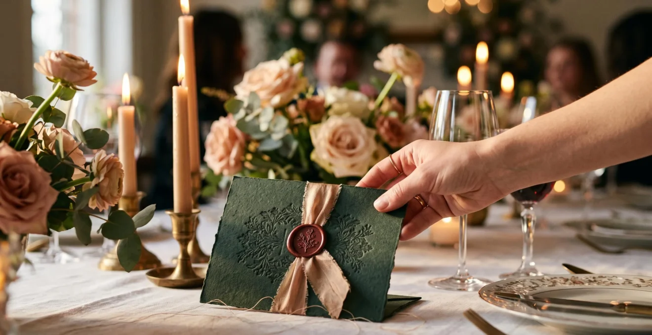 Une main dépose délicatement une invitation cachetée de cire sur une table dressée pour un événement élégant, dans une lumière chaude et enveloppante.