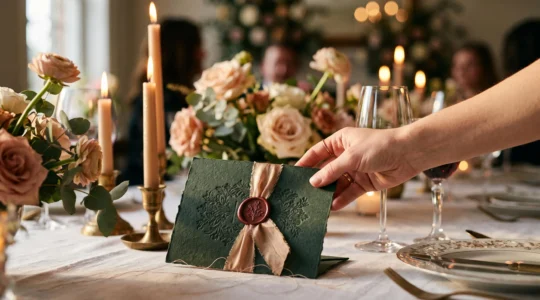 Une main dépose délicatement une invitation cachetée de cire sur une table dressée pour un événement élégant, dans une lumière chaude et enveloppante.