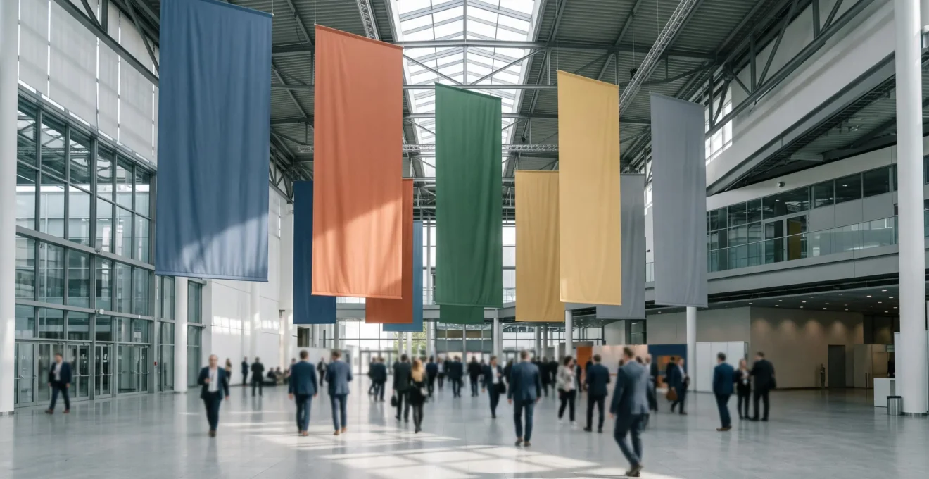Grands kakémonos suspendus verticalement dans un hall d'exposition, structurant l'espace au-dessus de la foule