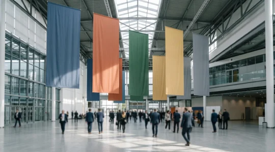 Grands kakémonos suspendus verticalement dans un hall d'exposition, structurant l'espace au-dessus de la foule