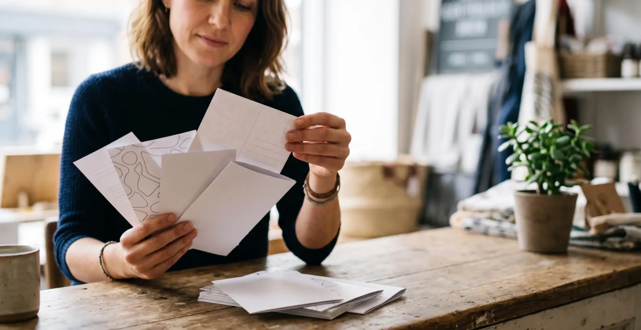 Mains d'un entrepreneur triant des supports imprimes publicitaires sur un comptoir en bois, symbolisant la mesure du retour sur investissement