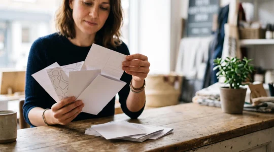 Mains d'un entrepreneur triant des supports imprimes publicitaires sur un comptoir en bois, symbolisant la mesure du retour sur investissement