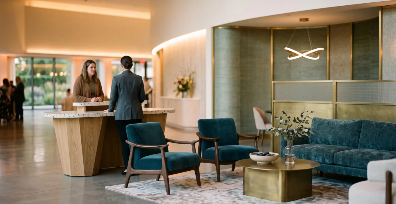 Espace evenementiel avec mobilier personnalise incarnant l'identite de marque