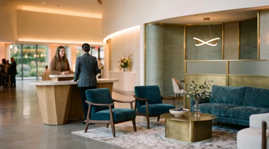 Espace evenementiel avec mobilier personnalise incarnant l'identite de marque