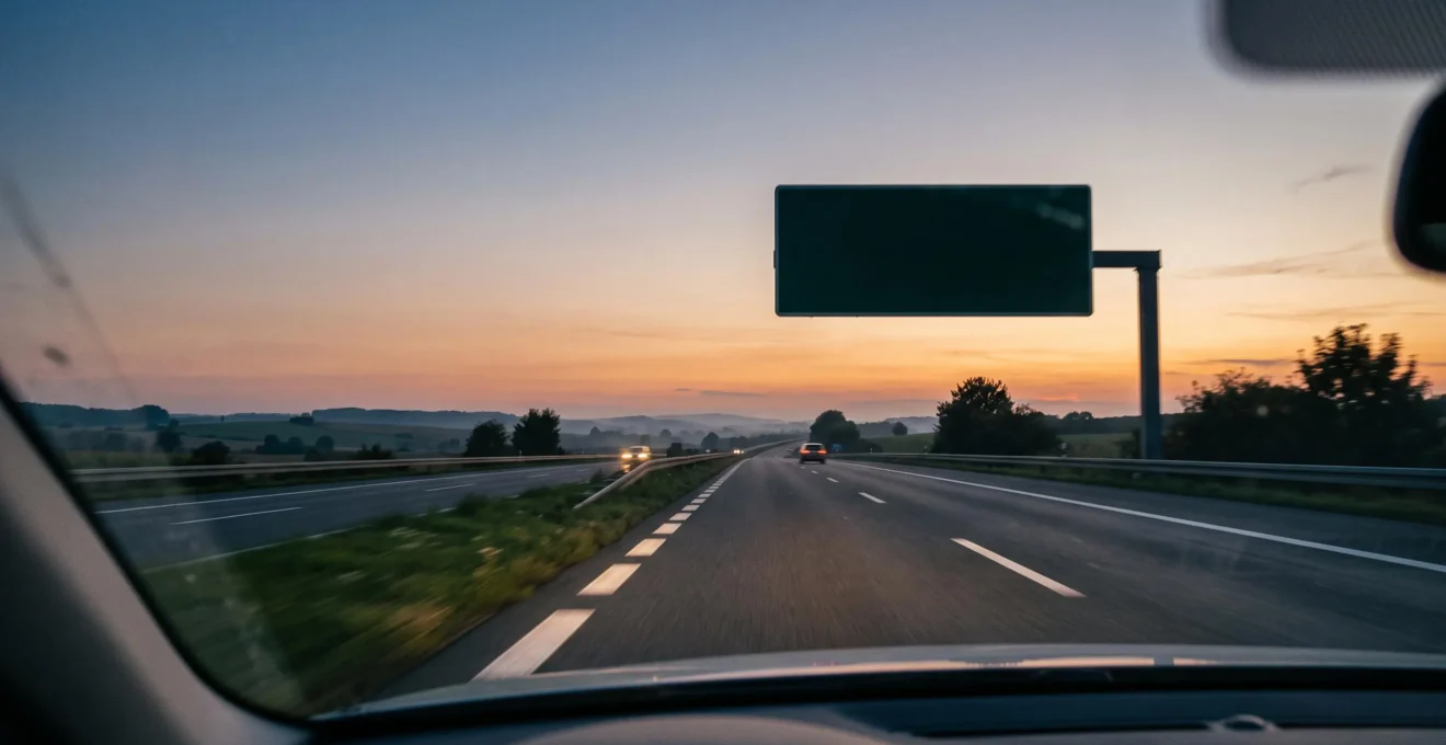 Panneau routier minimaliste vu depuis une voiture en mouvement, symbolisant un message compris en trois secondes