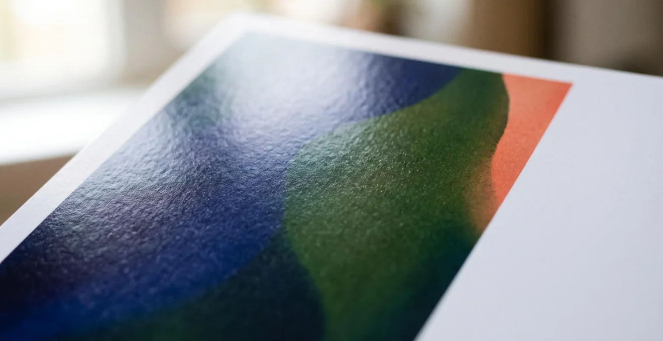 Une feuille de papier couché brillant capturant la lumière et révélant les détails fins d'une image imprimée