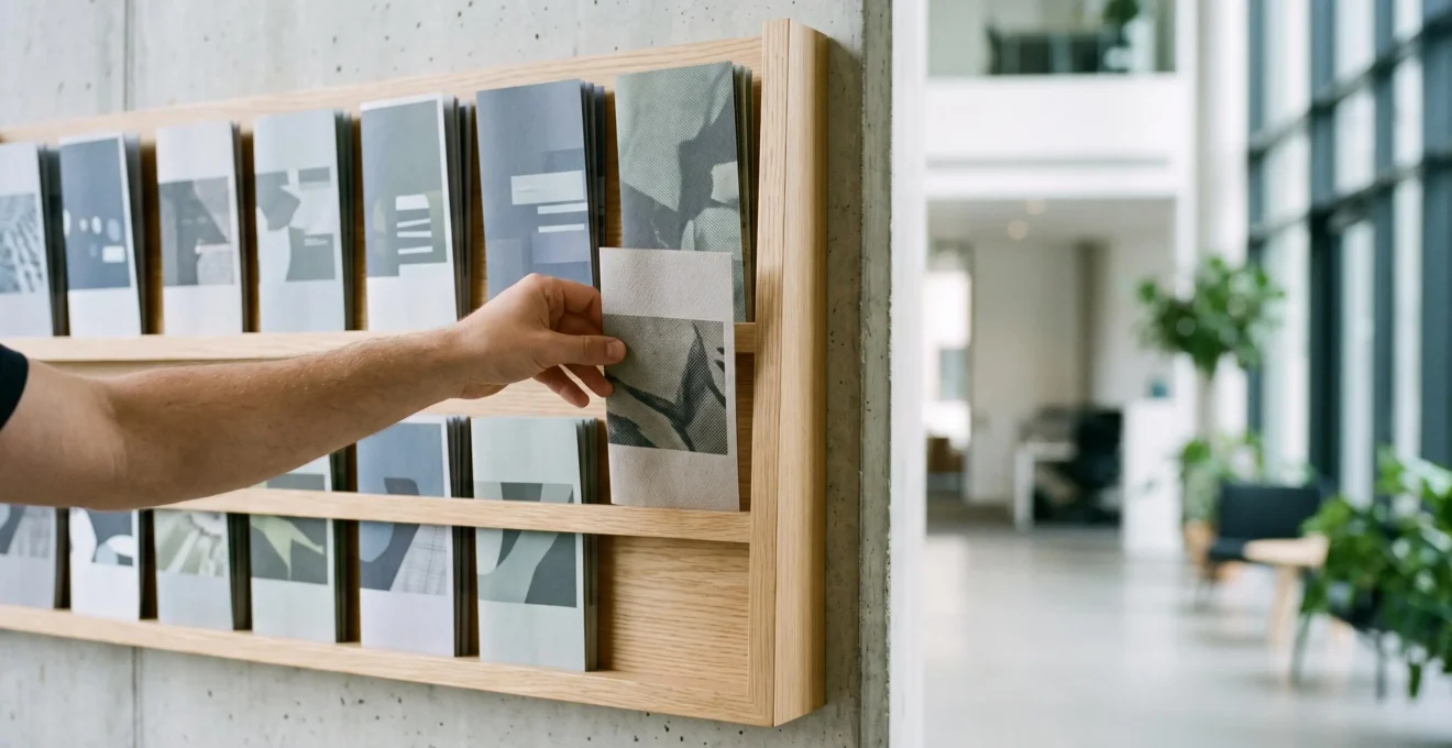 Une main saisissant spontanément une plaquette commerciale qui se démarque des autres brochures dans un présentoir minimaliste