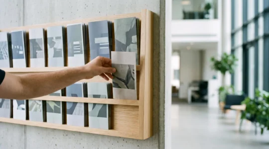Une main saisissant spontanément une plaquette commerciale qui se démarque des autres brochures dans un présentoir minimaliste