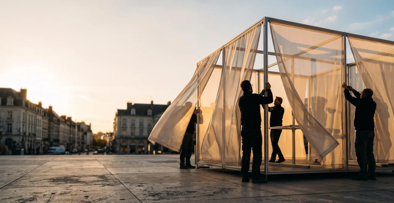 Structure modulaire d'un magasin éphémère en cours d'installation sur une place urbaine, symbolisant le test d'un concept retail