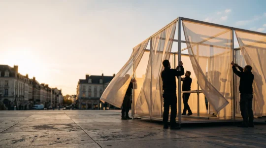 Structure modulaire d'un magasin éphémère en cours d'installation sur une place urbaine, symbolisant le test d'un concept retail