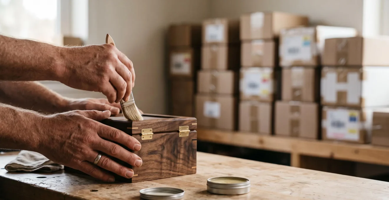 Artisan finalisant avec minutie un objet imprimé premium unique, symbole de précision plutôt que de volume