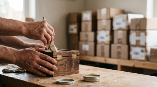 Artisan finalisant avec minutie un objet imprimé premium unique, symbole de précision plutôt que de volume