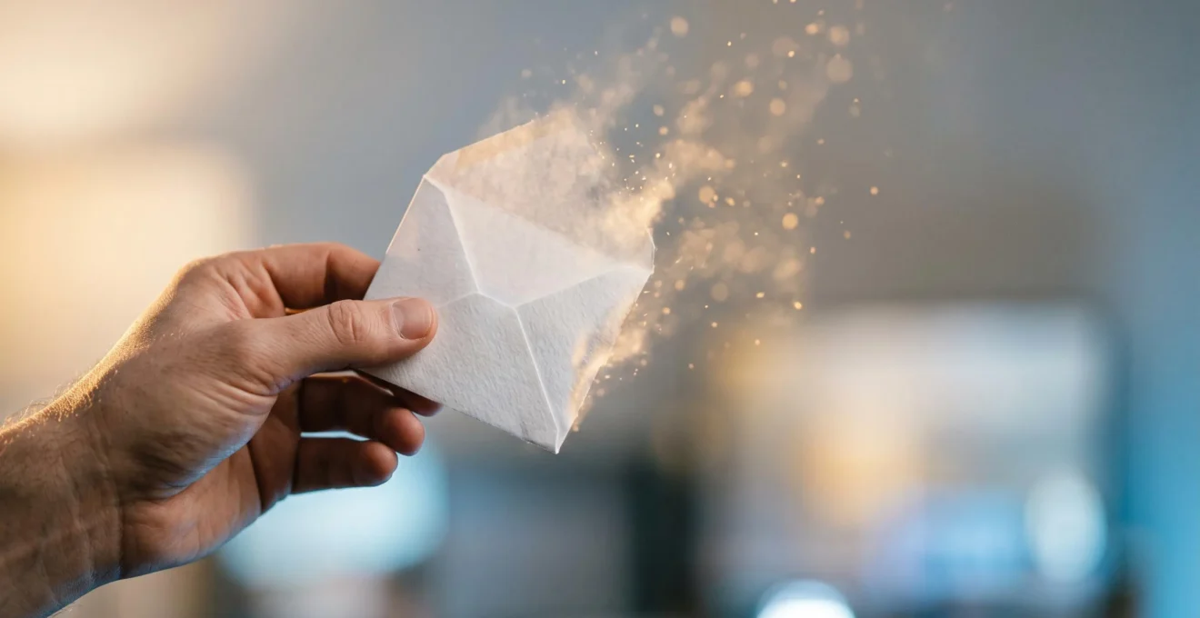 Une main relâchant un objet imprimé qui se transforme en particules de lumière, symbolisant la fusion entre le print et le digital dans une stratégie de communication omnicanale.