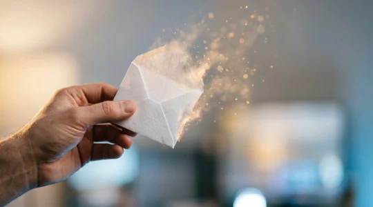 Une main relâchant un objet imprimé qui se transforme en particules de lumière, symbolisant la fusion entre le print et le digital dans une stratégie de communication omnicanale.