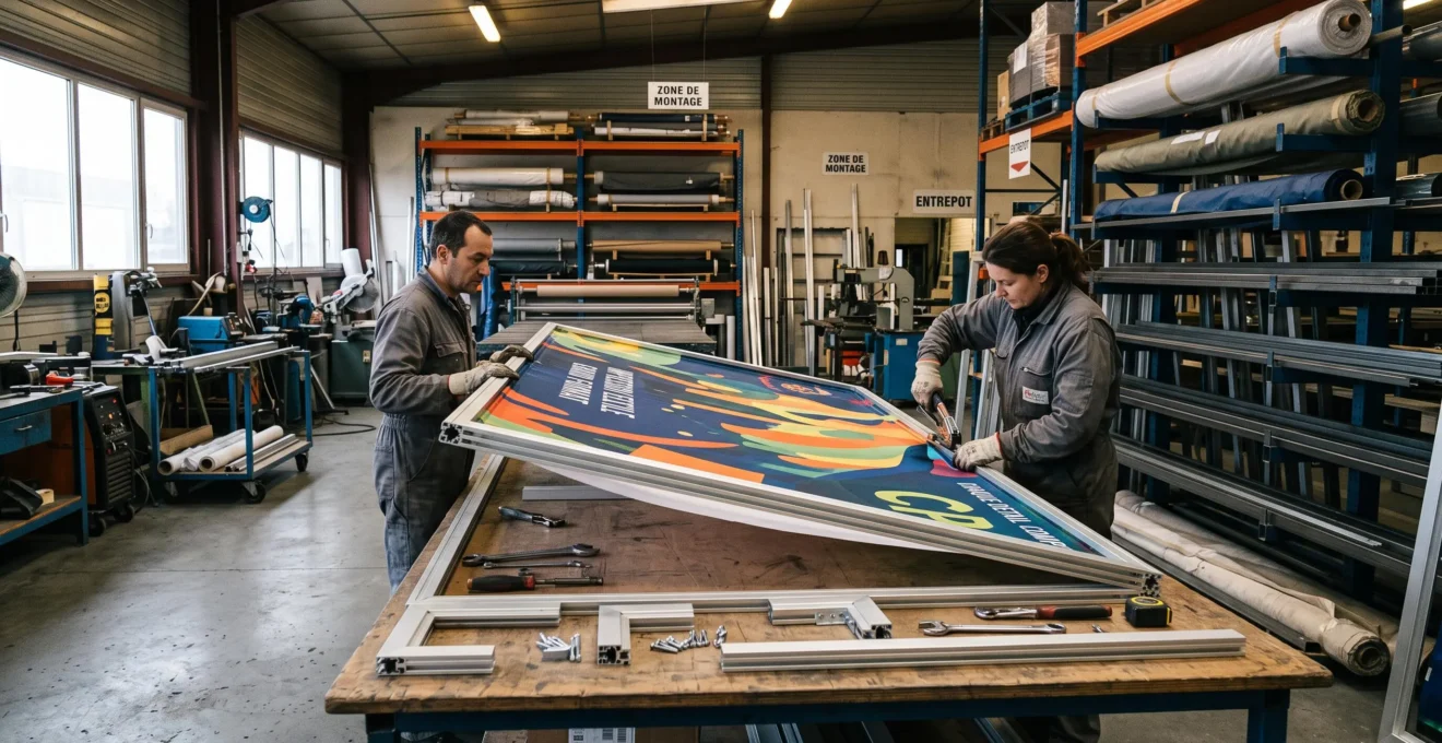 Rouleau de textile polyester imprimé en couleurs vives tendu sur cadre aluminium autobloquant dans atelier de fabrication