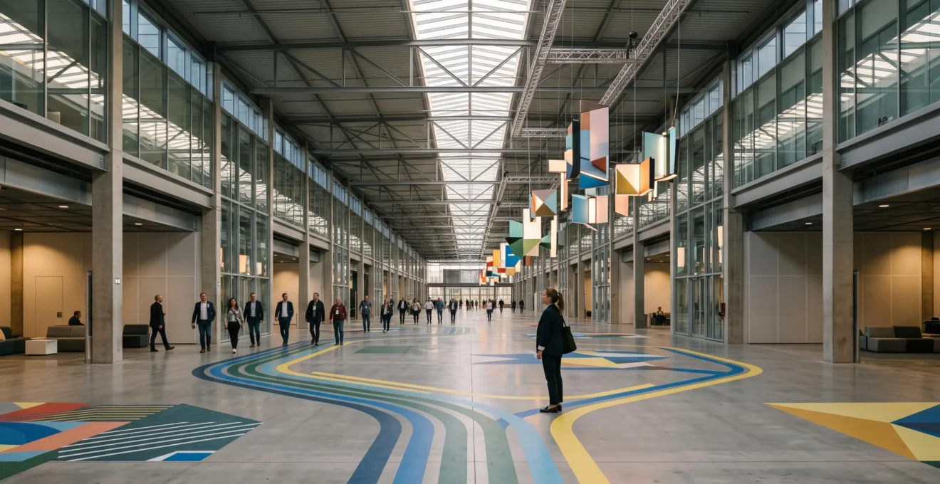Vue large d'un hall d'exposition moderne avec des totems directionnels suspendus et un marquage au sol guidant les visiteurs à travers différentes zones