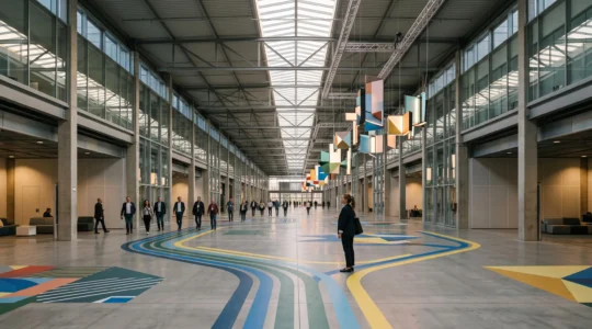 Vue large d'un hall d'exposition moderne avec des totems directionnels suspendus et un marquage au sol guidant les visiteurs à travers différentes zones