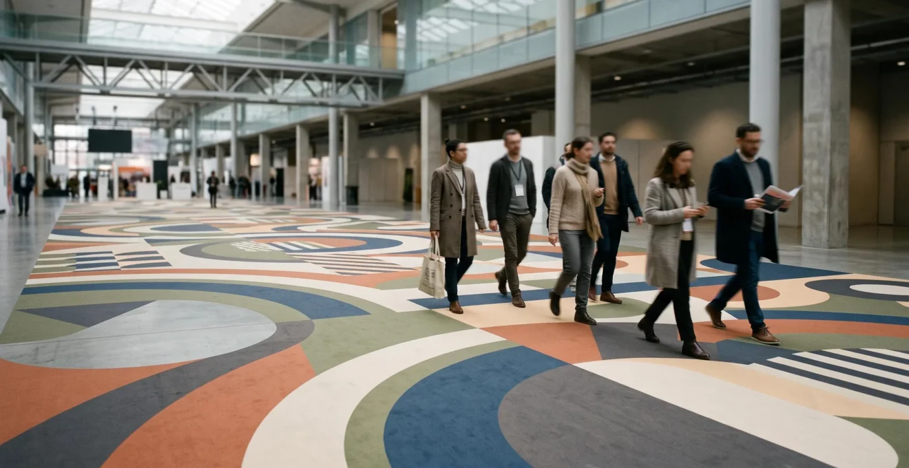 Sol d'un hall d'exposition transforme par un design graphique immersif guidant les visiteurs