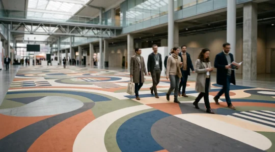 Sol d'un hall d'exposition transforme par un design graphique immersif guidant les visiteurs