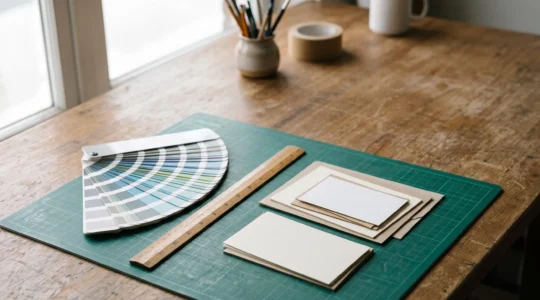 Espace de travail créatif organisé avec nuancier de couleurs, règles graphiques et outils de mise en page symbolisant la standardisation visuelle d'une marque
