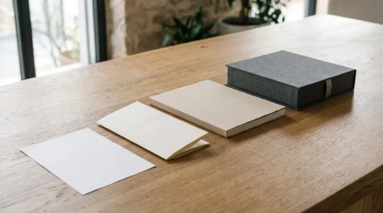 Assortiment de supports imprimés premium organisés selon les différentes étapes d'un entonnoir marketing, du flyer au coffret personnalisé