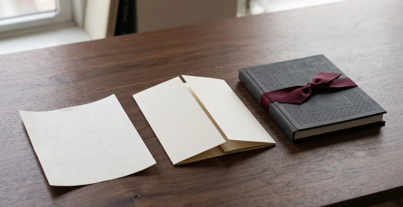 Assortiment de supports print premium (plaquette, brochure, carte) disposés en gradient de sophistication illustrant le parcours d'un prospect dans le funnel de conversion