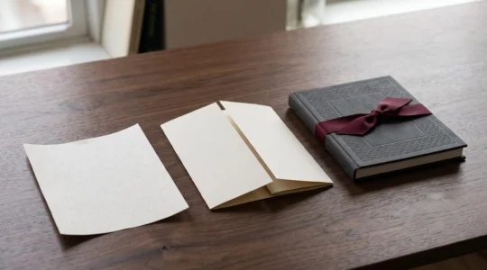 Assortiment de supports print premium (plaquette, brochure, carte) disposés en gradient de sophistication illustrant le parcours d'un prospect dans le funnel de conversion