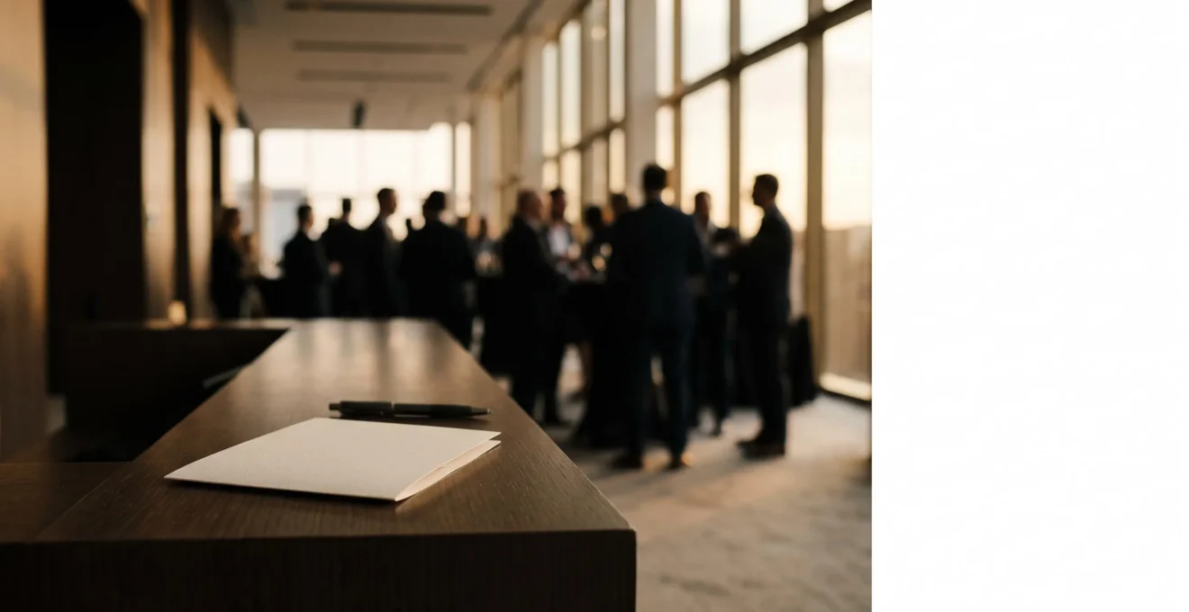 Composition éditoriale montrant la continuité entre un support imprimé premium et une ambiance d'événement professionnel, symbolisant une stratégie de communication avant, pendant et après un événement.