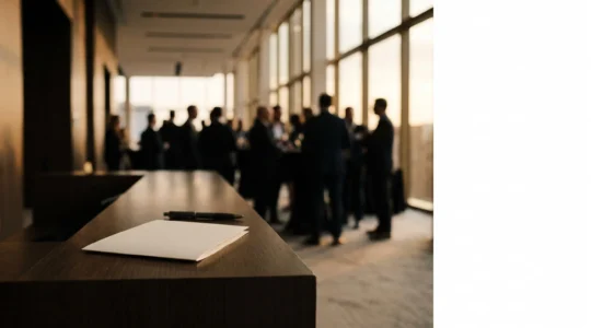 Composition éditoriale montrant la continuité entre un support imprimé premium et une ambiance d'événement professionnel, symbolisant une stratégie de communication avant, pendant et après un événement.