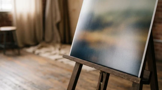 Photographie encadrée imprimée sur papier satiné, posée sur une table en bois dans un studio lumineux, illustrant un rendu professionnel