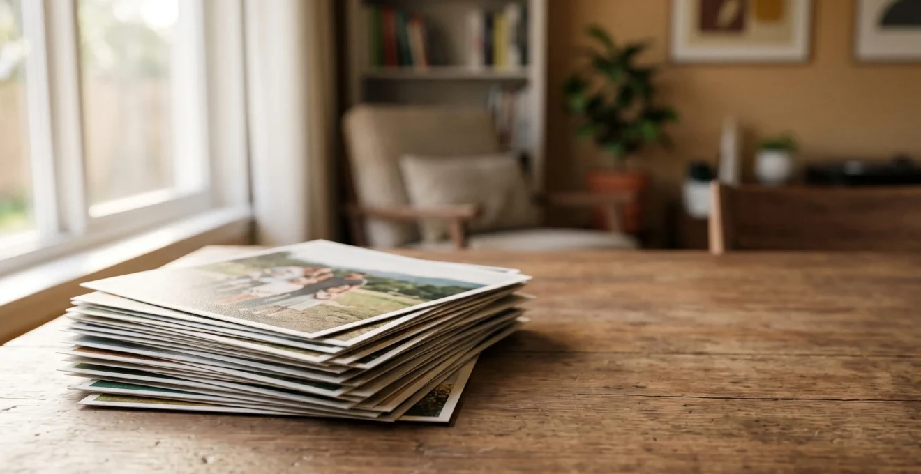 Pile de tirages photo poses sur une table en bois, illustrant des souvenirs imprimes de qualite a prix abordable