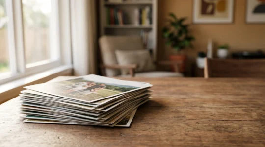 Pile de tirages photo poses sur une table en bois, illustrant des souvenirs imprimes de qualite a prix abordable